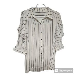 DR2 Ivory Black Stripe Button-Up Blouse Size M